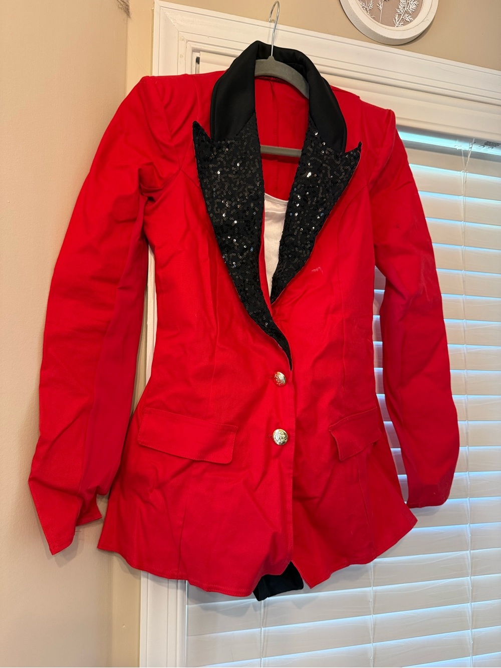 Weissman Red Blazer with black sequin lapel and matching leotard